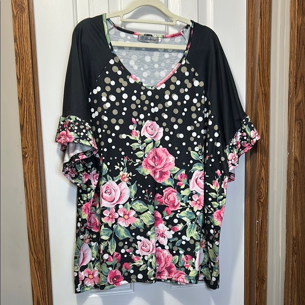 Pink and Black Relaxed Floral Blouse